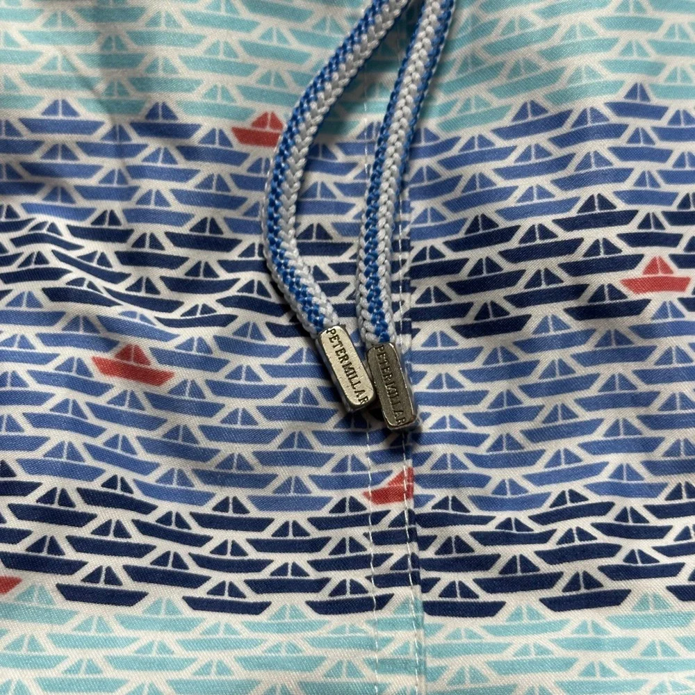Peter Millar Swim Trunks Boat Print Drawstring Swim Shorts Blue Mens‎ Sz L *READ